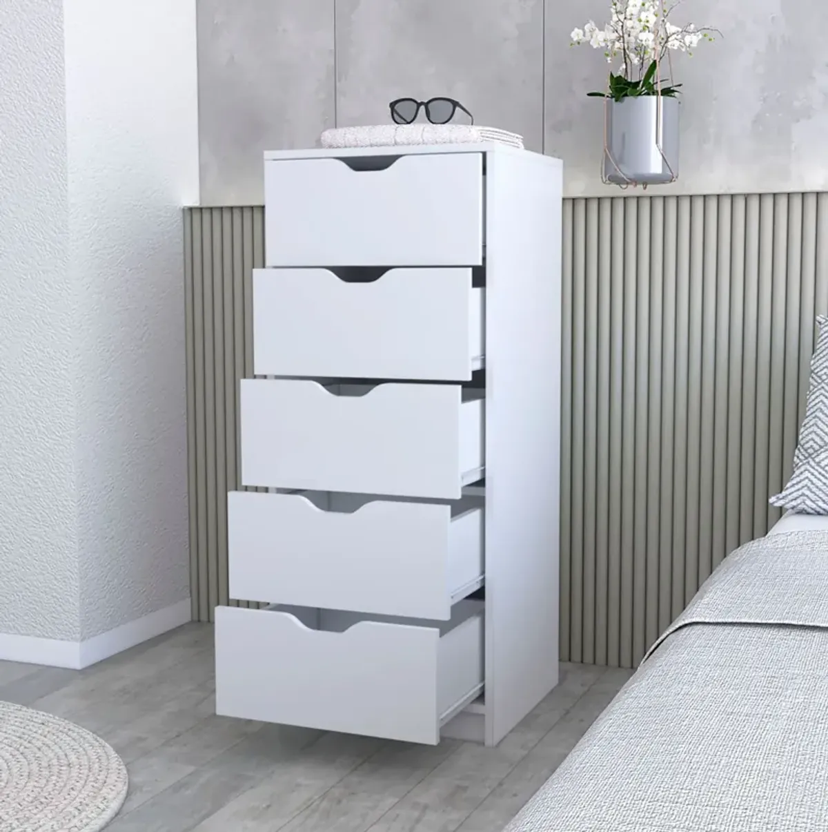 Manufactured Wood Five Drawer Narrow Dresser - White