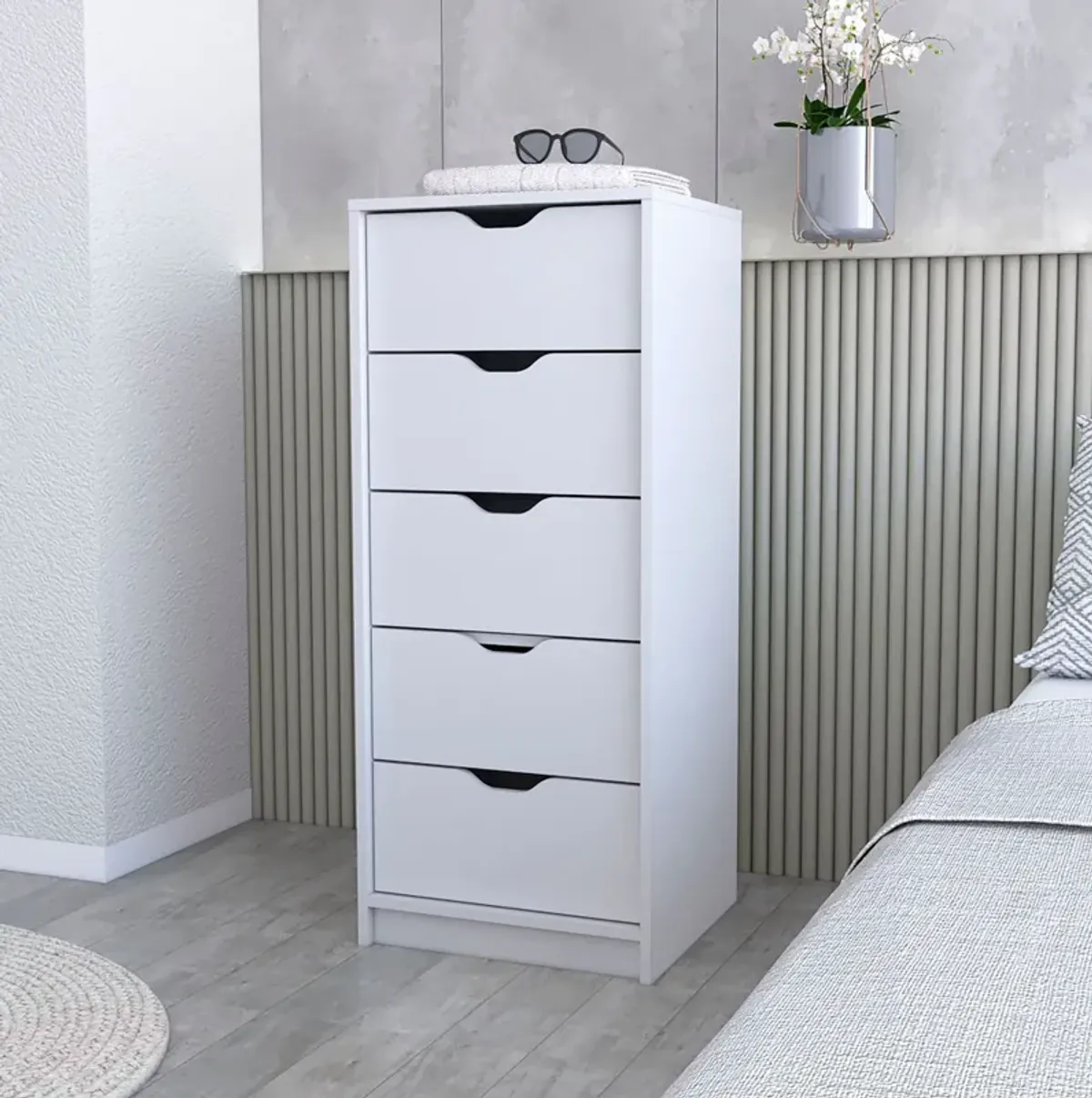 Manufactured Wood Five Drawer Narrow Dresser - White