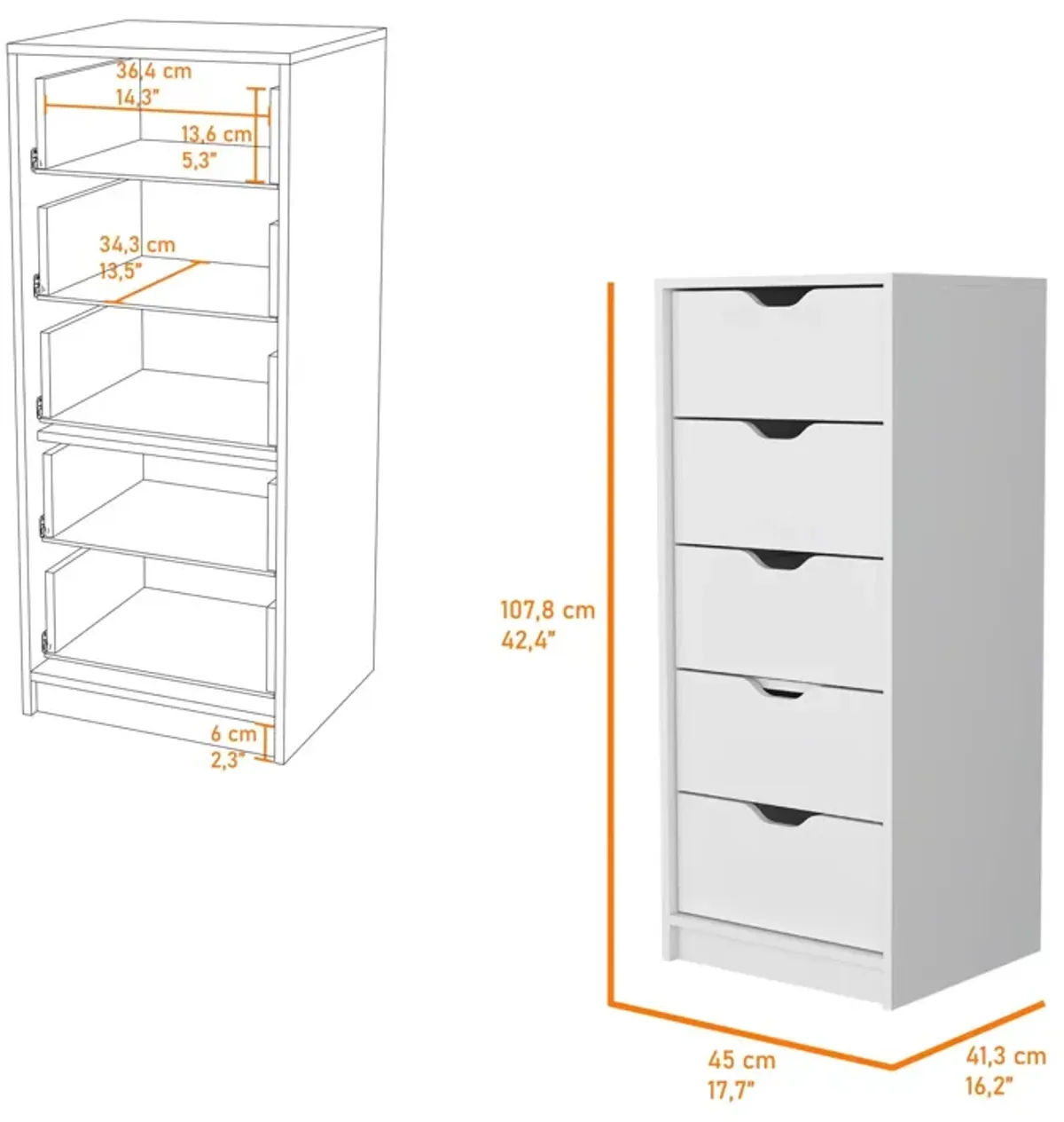 Manufactured Wood Five Drawer Narrow Dresser - White