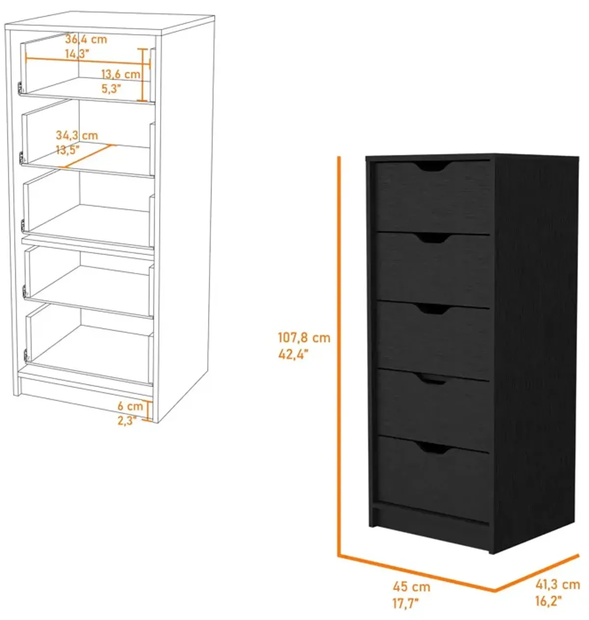 Manufactured Wood Five Drawer Narrow Dresser - Black