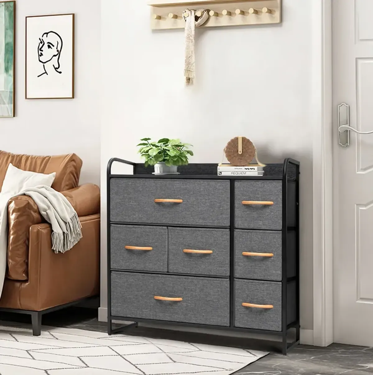 Steel And Fabric Seven Drawer Dresser - Gray / Black