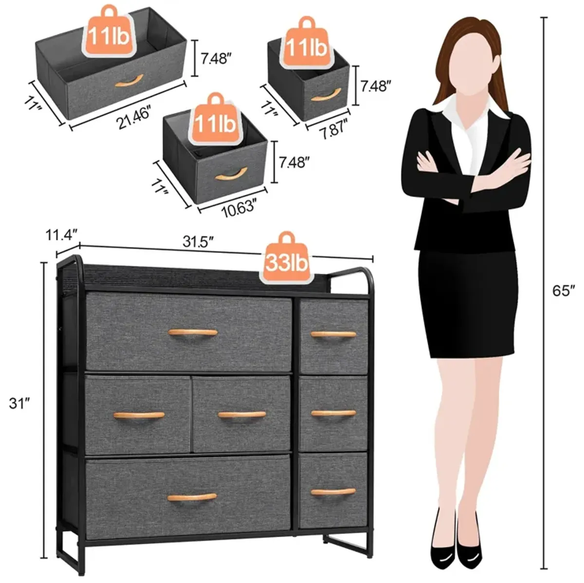 Steel And Fabric Seven Drawer Dresser - Gray / Black