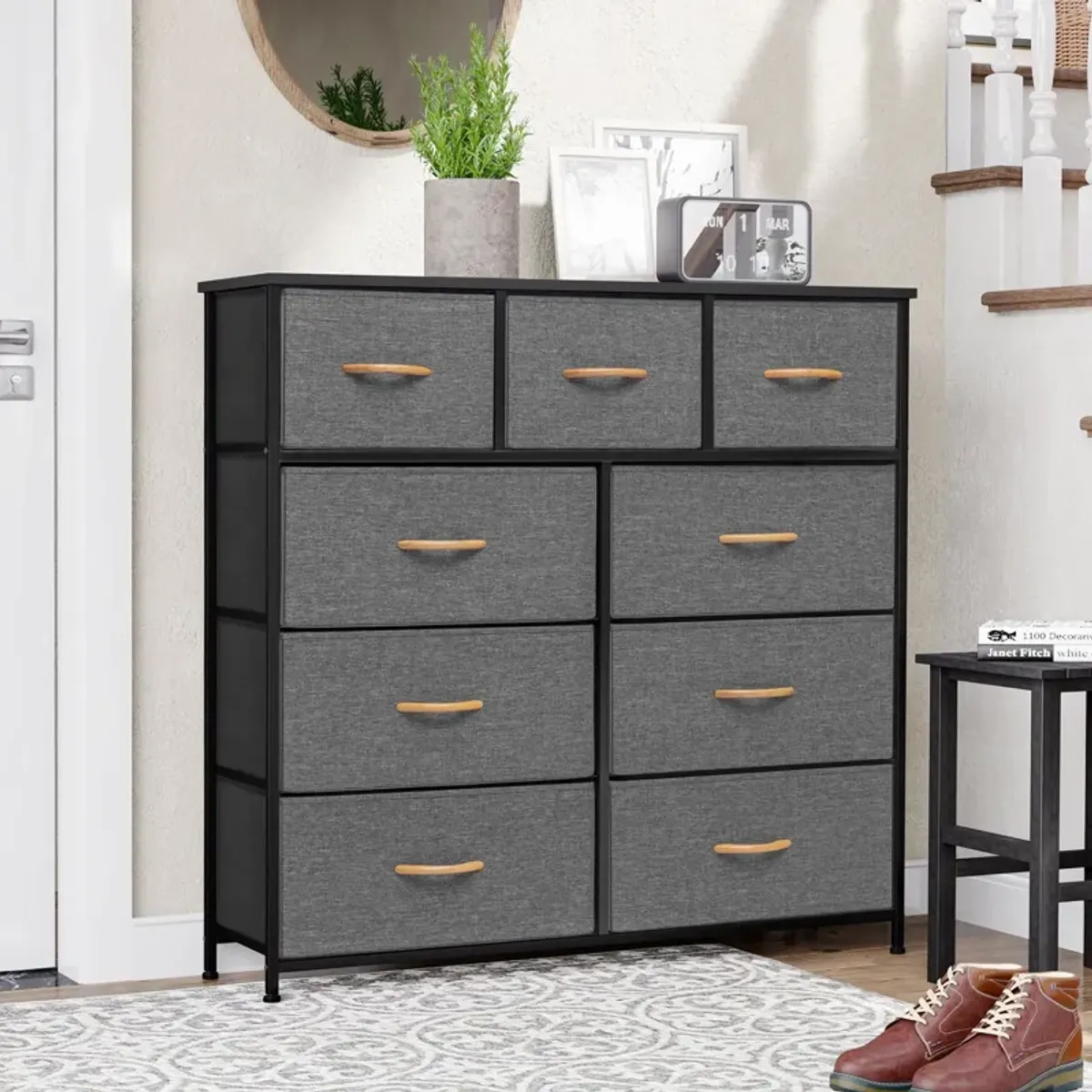 Steel And Fabric Nine Drawer Triple Dresser - Gray / White