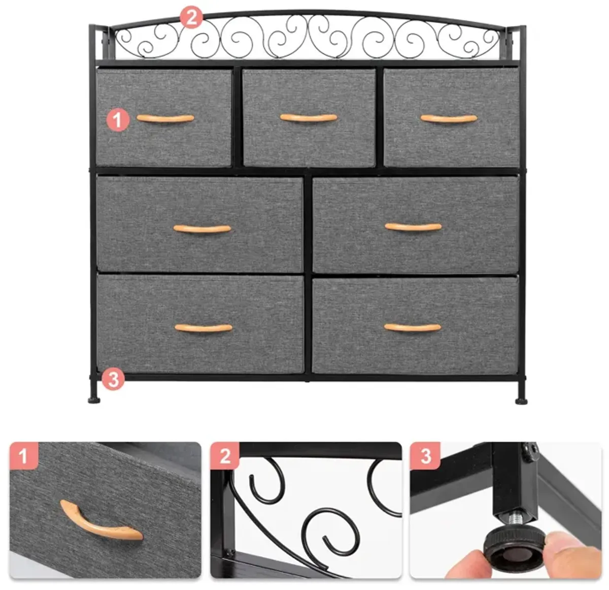 Steel And Fabric Seven Drawer Combo Dresser - Gray / Black