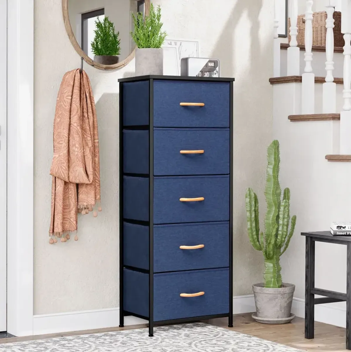 Steel And Fabric Five Drawer Chest - Blue / Black