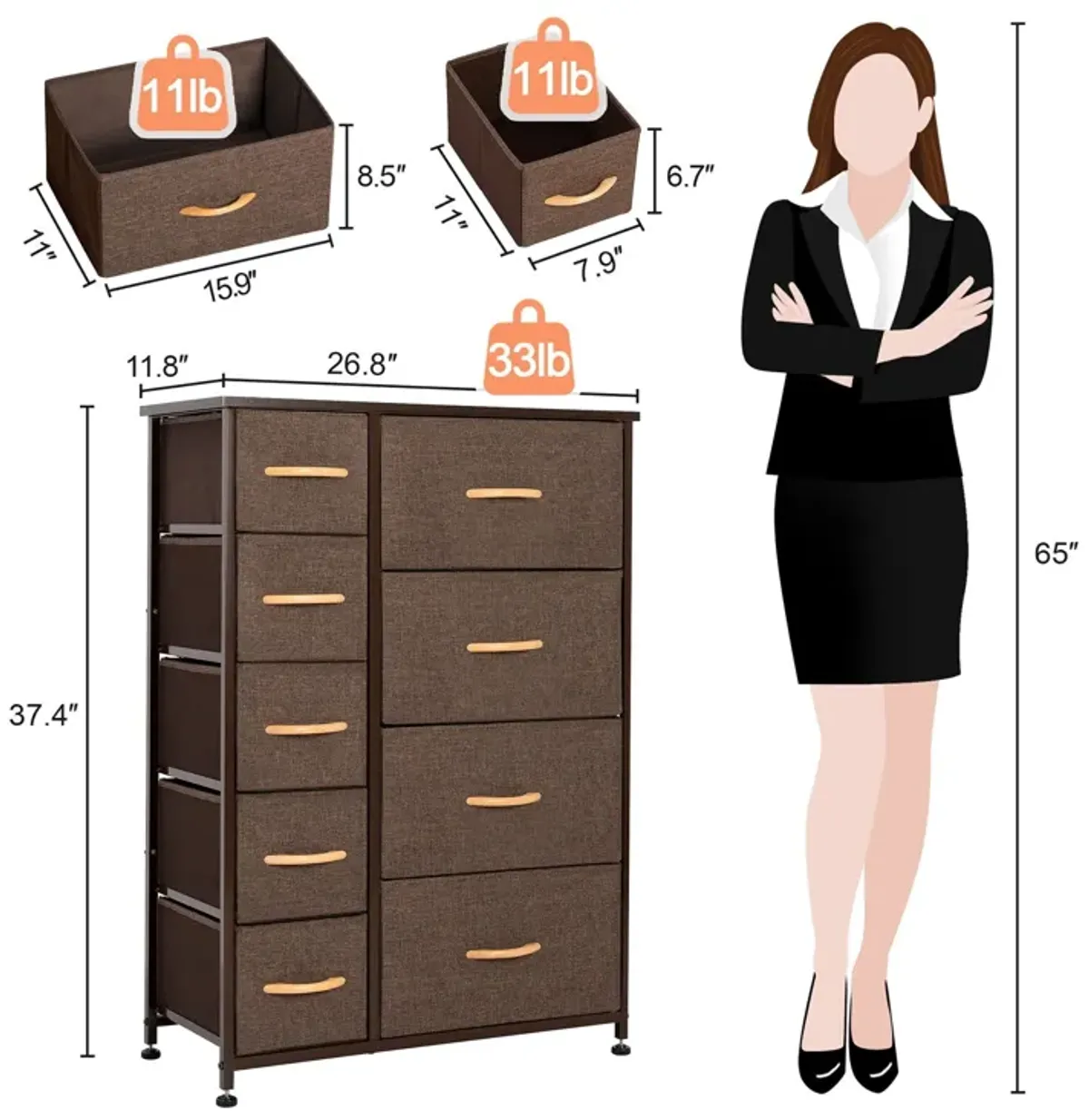 Steel And Fabric Nine Drawer Combo Dresser - Brown