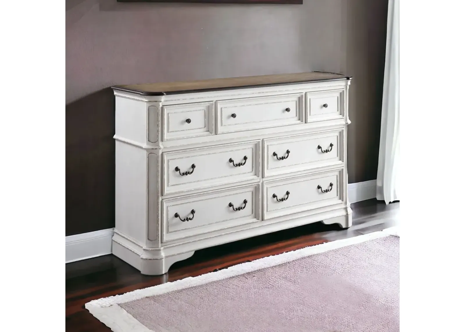 Solid Wood Seven Drawer Triple Dresser - Brown / White