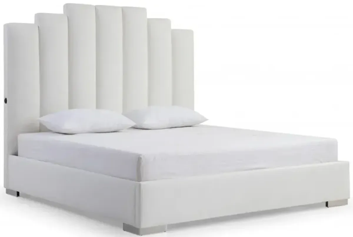 Queen Vertical Channel Faux Leather Bed with USB - White