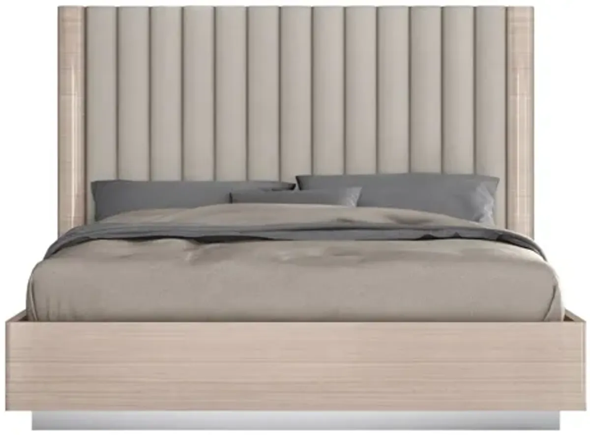 King Size High Gloss Upholstered Channeled Headboard Bed Frame - Beige