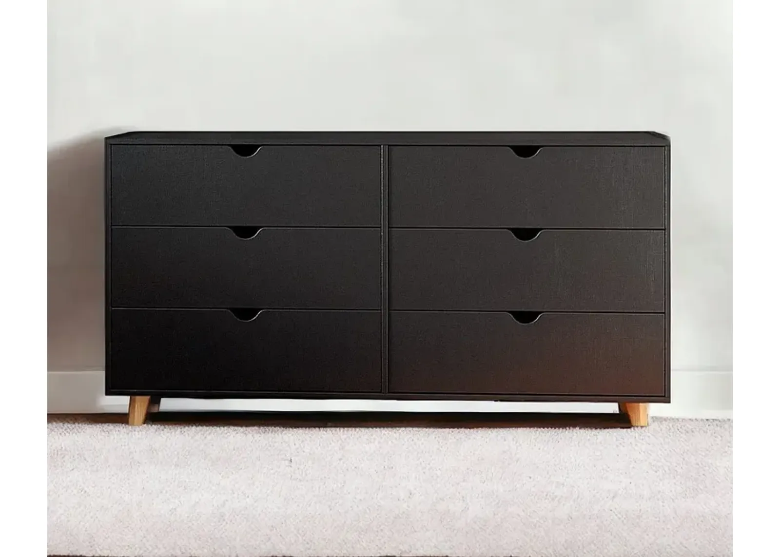 Scoop Handle Six Drawer Double Dresser - Black