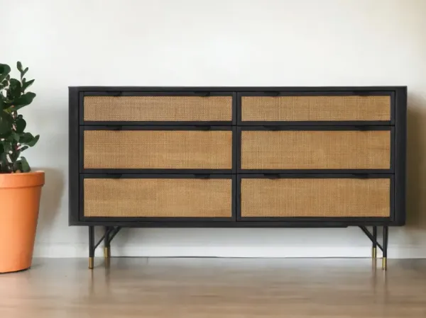 Solid Wood And Rattan Six Drawer Double Dresser - Natural / Black