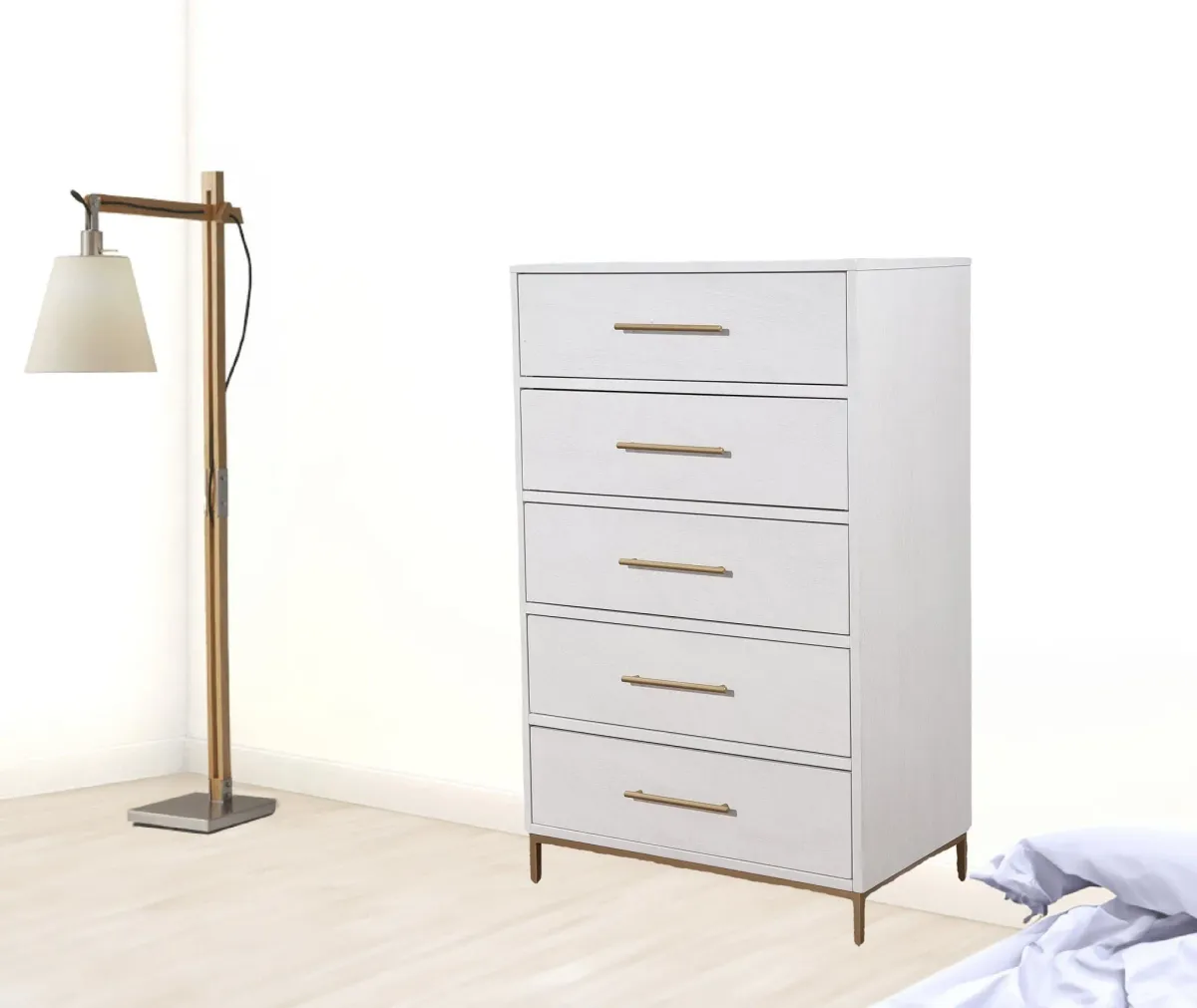 Solid Wood, Five Drawer Chest - White