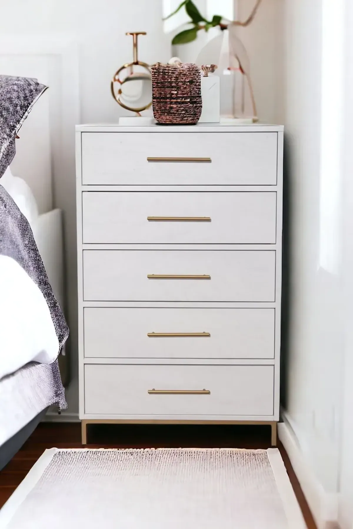 Solid Wood, Five Drawer Chest - White