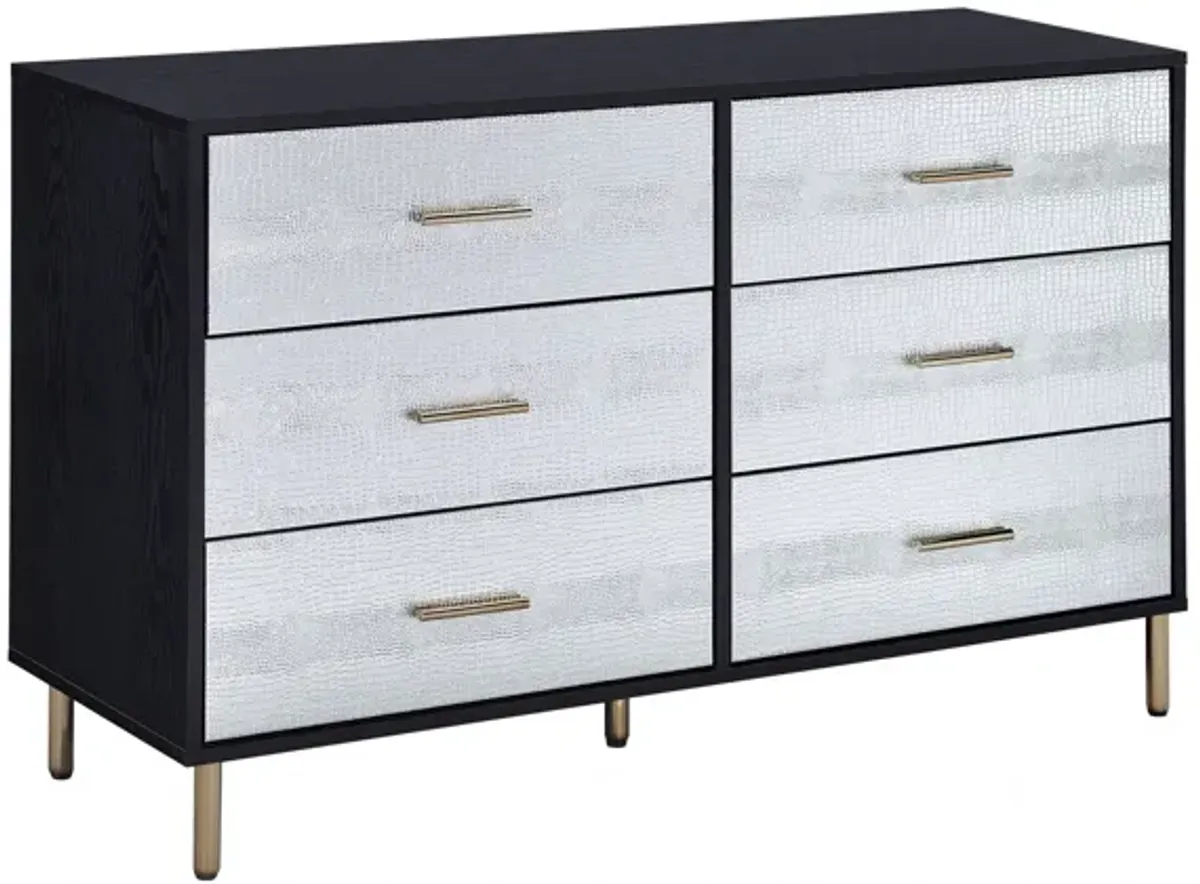 Silver And Gold Faux Croc Design Six Drawer Double Dresser - Black