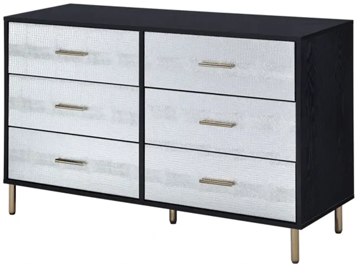 Silver And Gold Faux Croc Design Six Drawer Double Dresser - Black