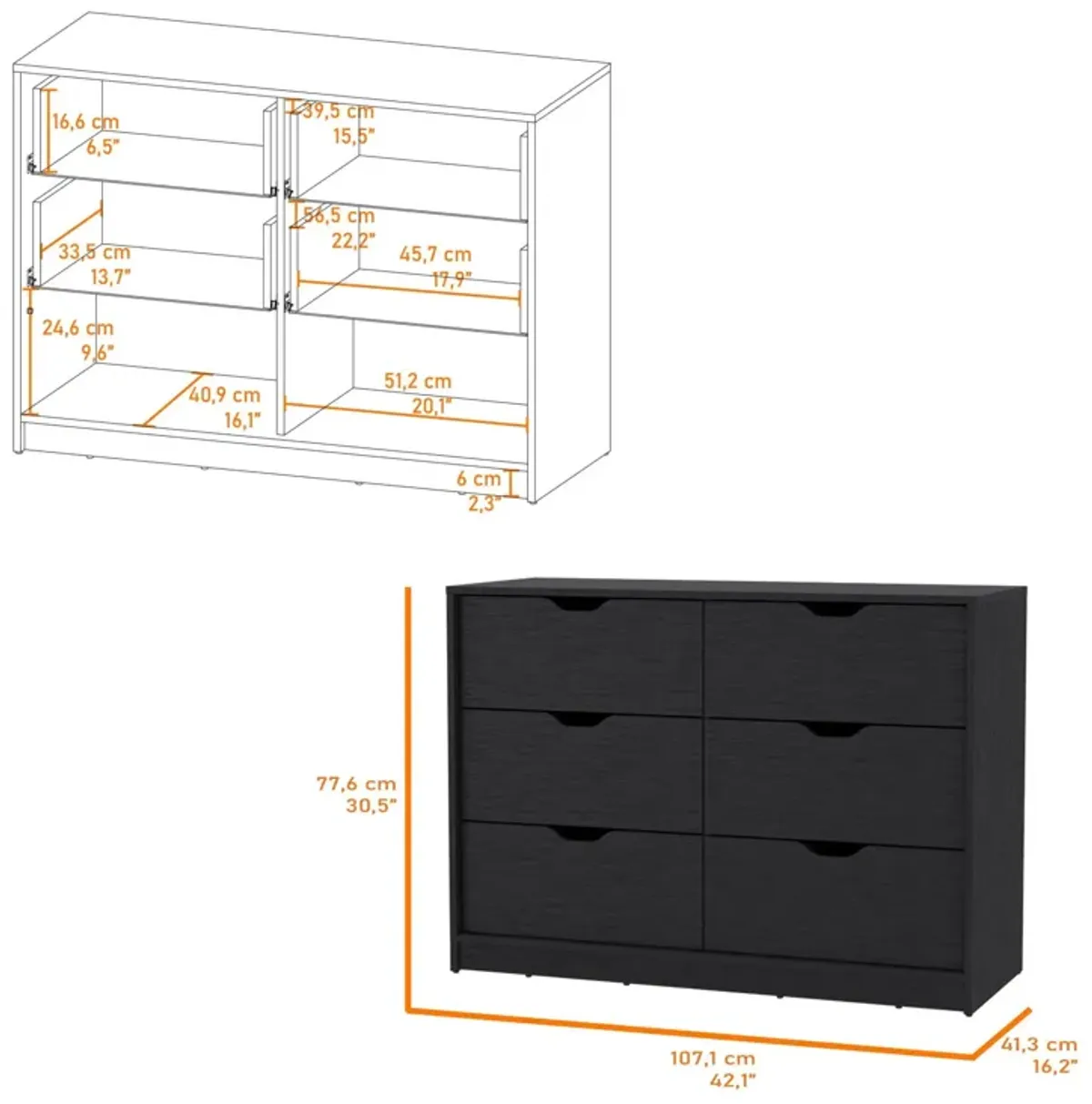 Manufactured Wood Six Drawer Modern Dresser - Black