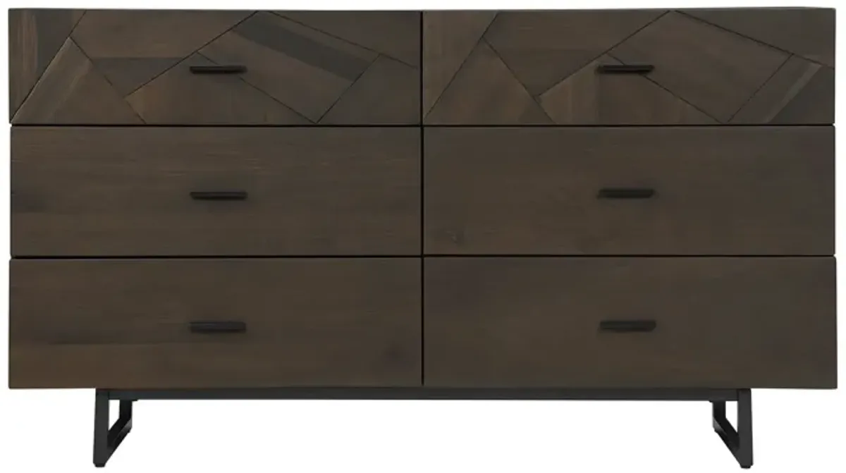 Carved Geometric Solid Wood Six Drawer Double Dresser - Dark Brown