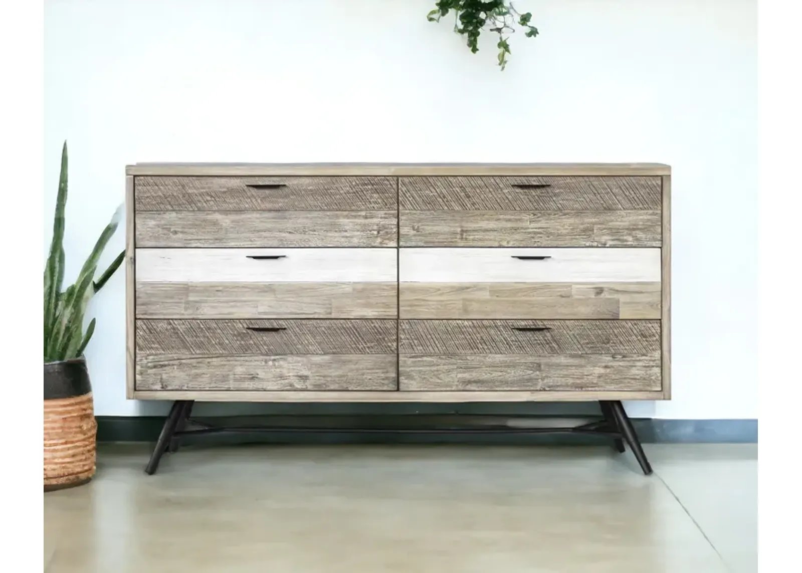 Multi Tonal Rustic Solid Wood Six Drawer Double Dresser - Natural / Ivory