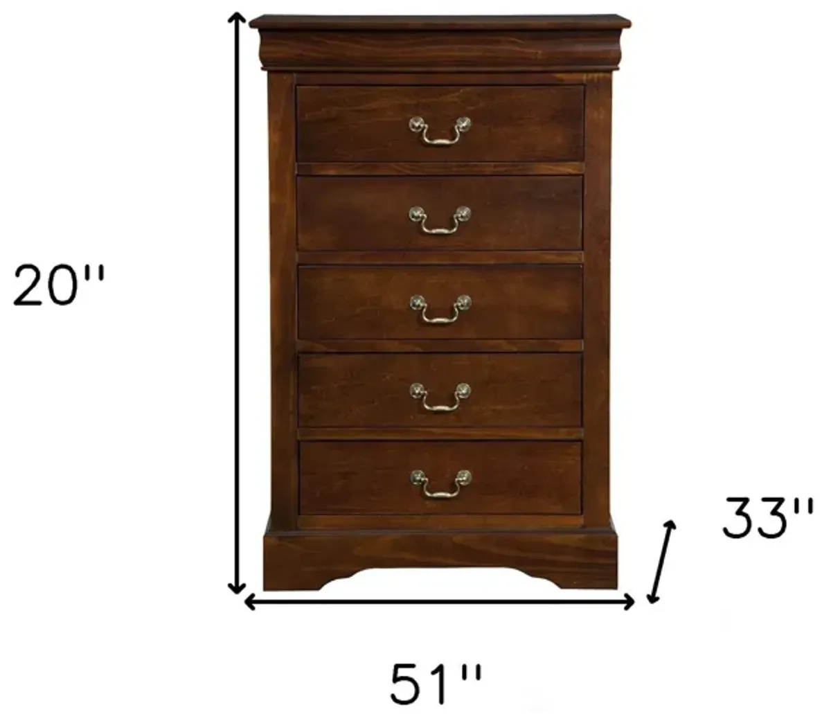 Solid Wood, Five Drawer Chest - Brown