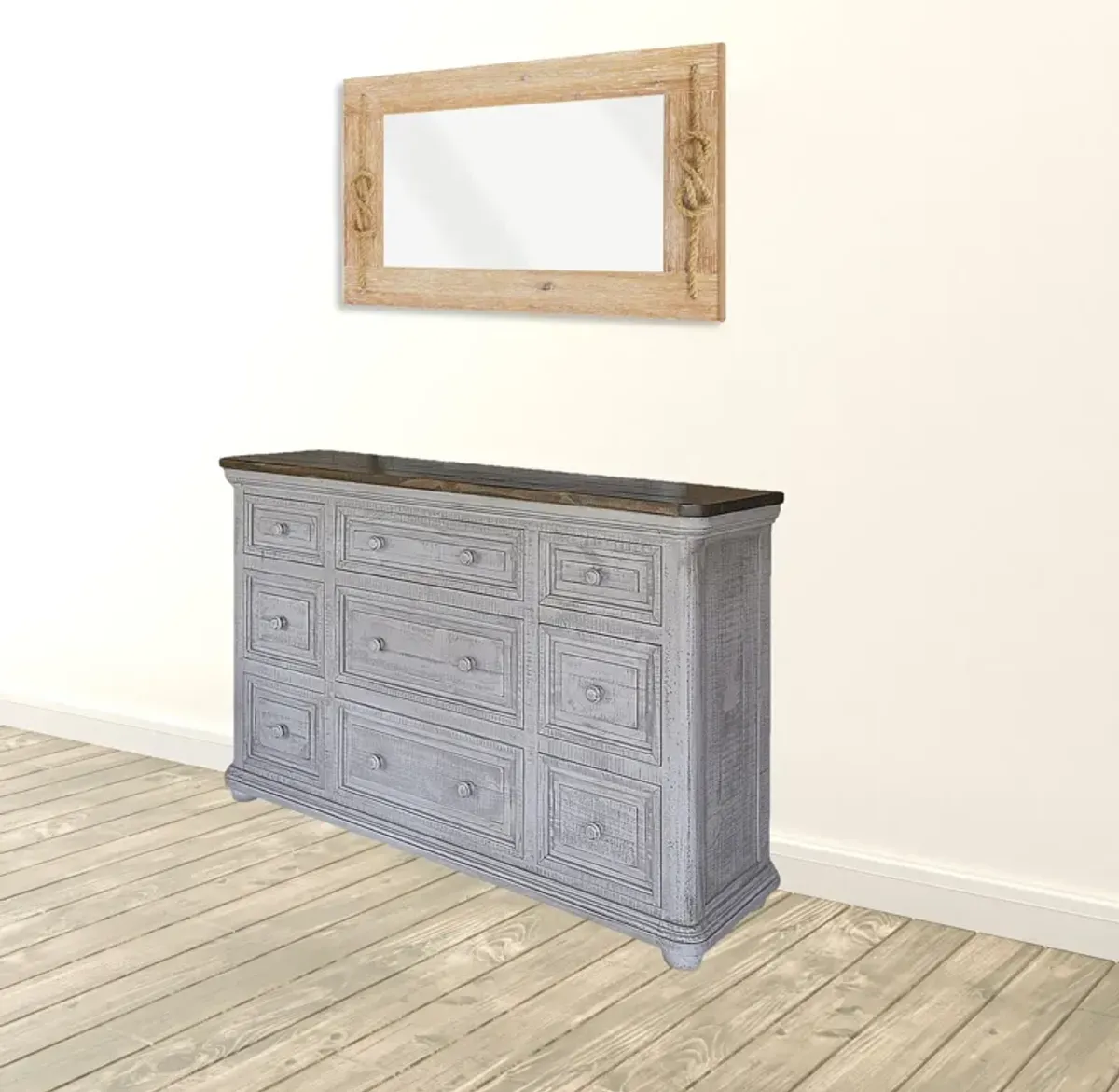 Solid Wood Nine Drawer Triple Dresser - Gray