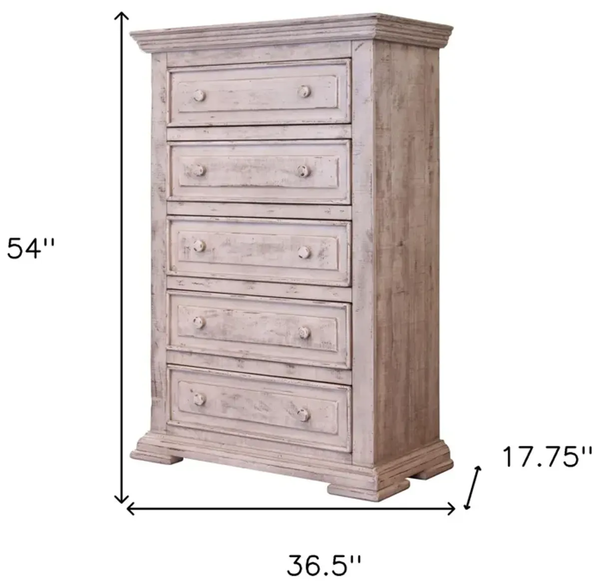 Solid Wooden 5 Drawer Chest - White