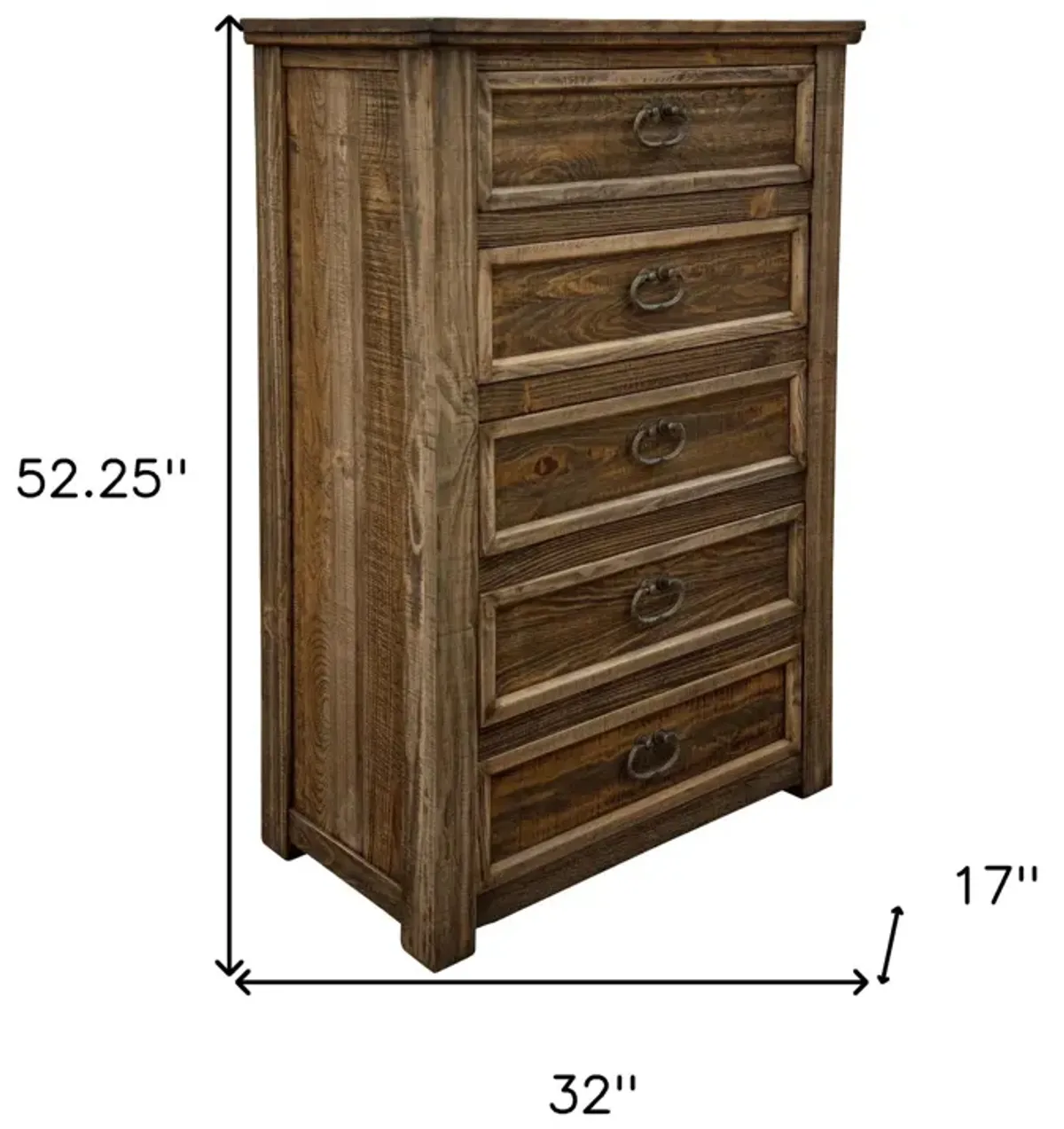 Solid Wood 5 Drawer Chest - Brown