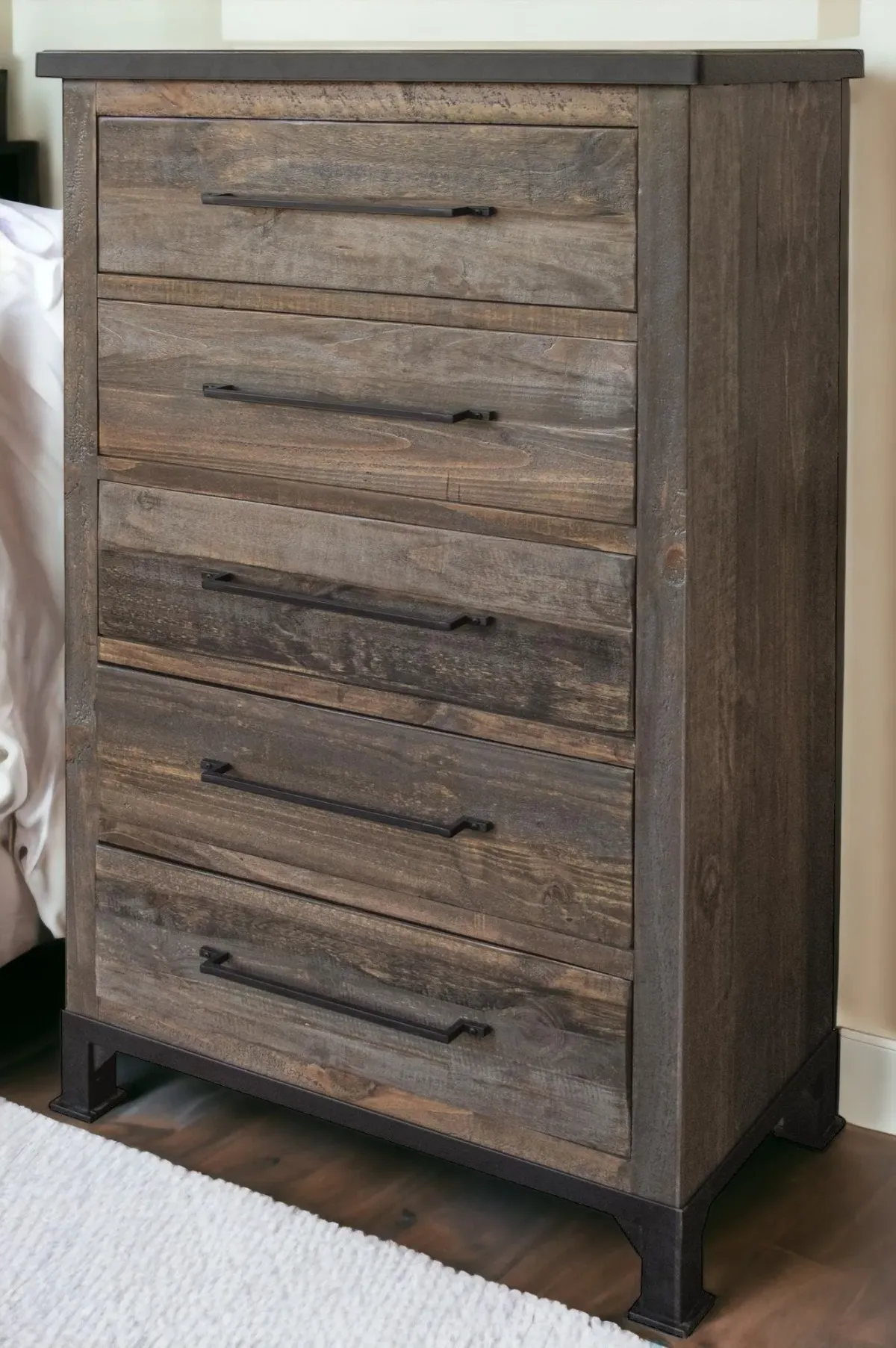 Solid Wood, Five Drawer Chest - Gray