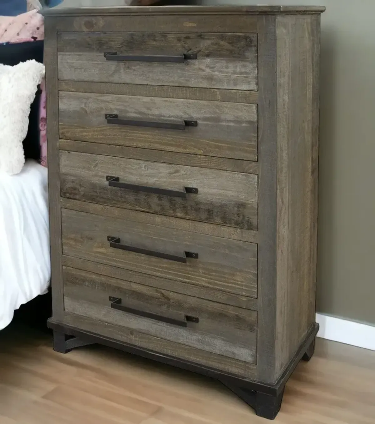 Solid Wood, 5 Drawer Chest - Gray