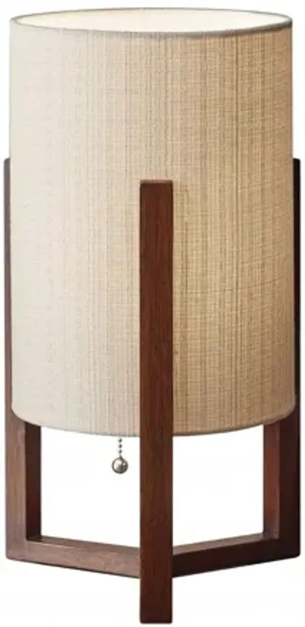 Solid Wood Bedside Table Lamp With Natural Cylinder Shade - Brown