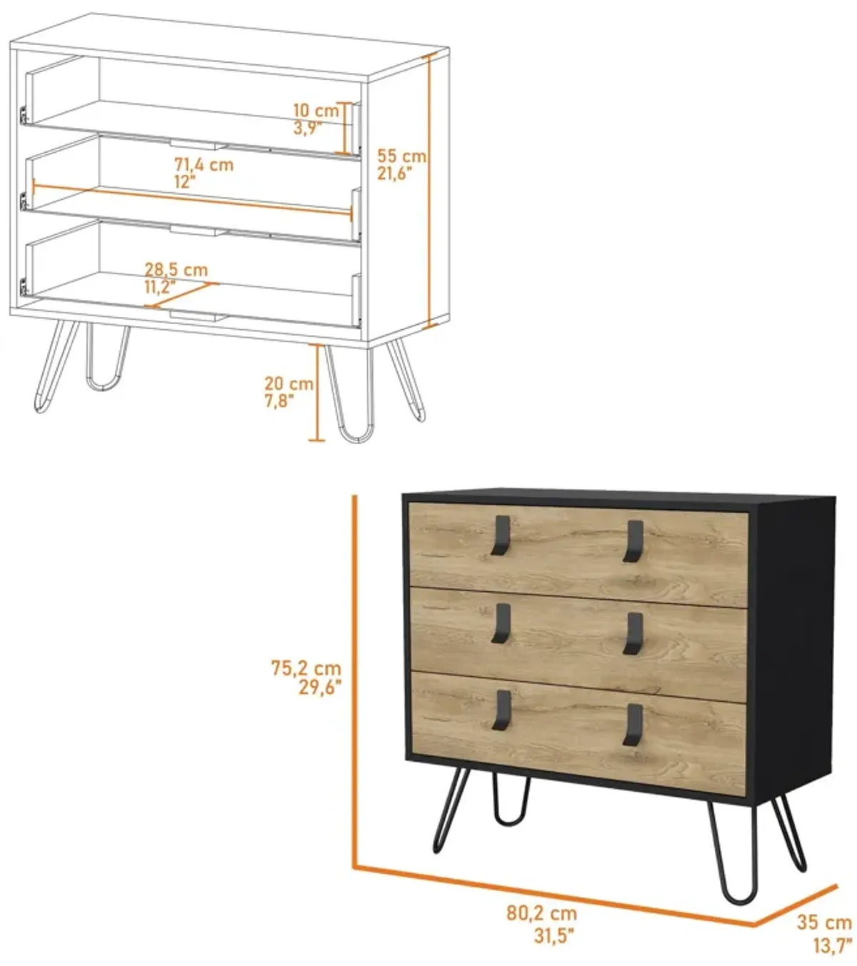 3 Drawer Dresser - Natural / Black