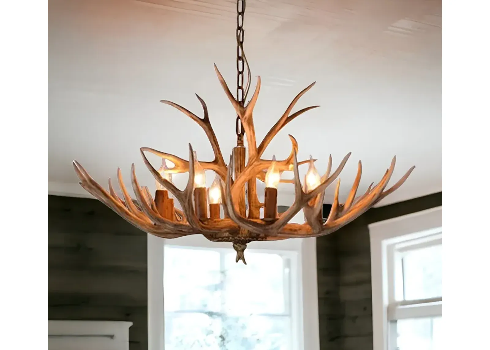 Super Stag Faux Antlers Six Light Led Chandelier - Brown