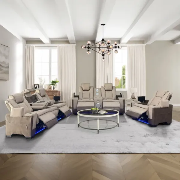 Beige Power Reclining 3-Piece Living Room Set with LED Lights & Speakers