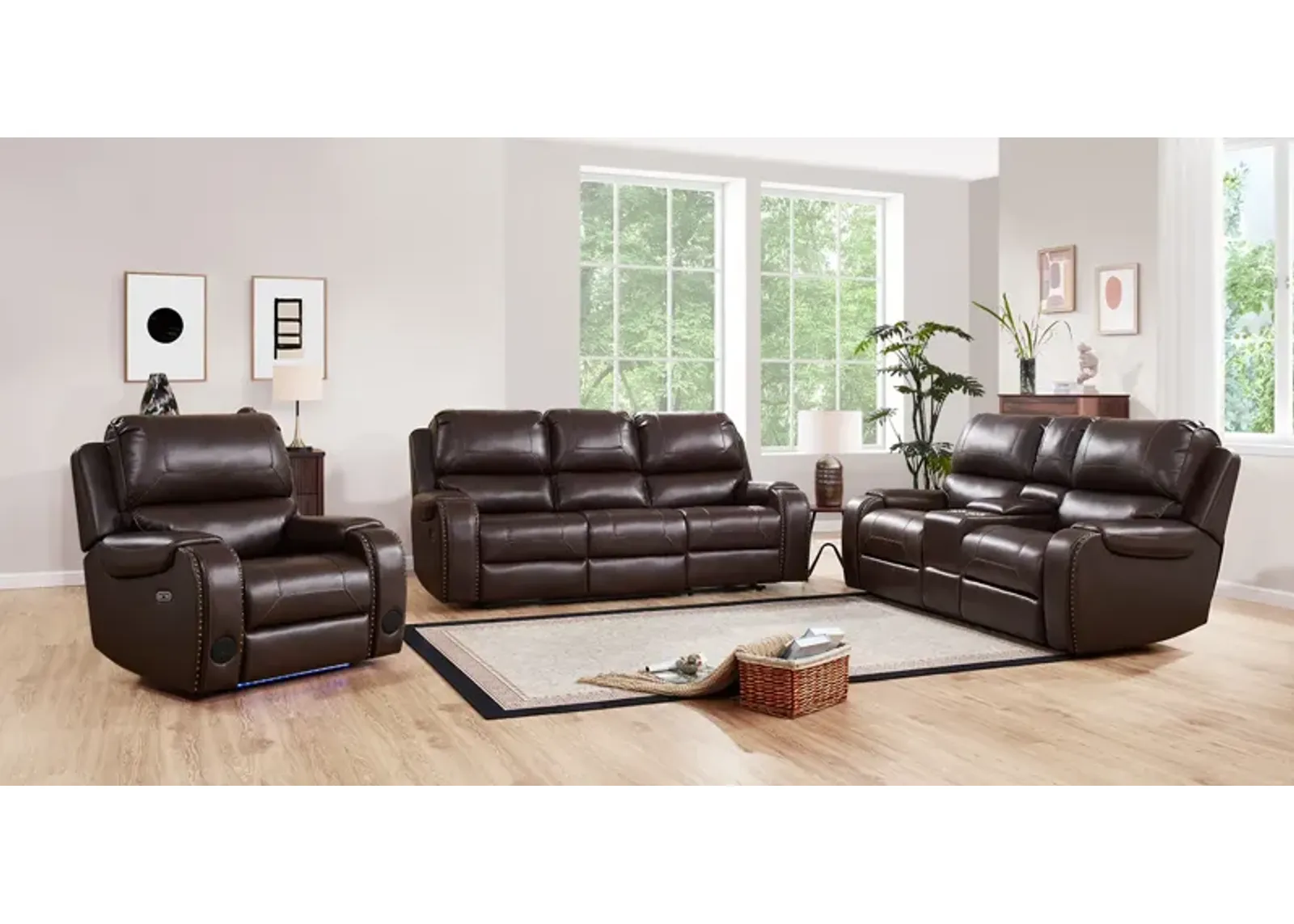 3 Piece Living Room Set: Power Reclining Sofa, Power Reclining Chair, Stationary Loveseat