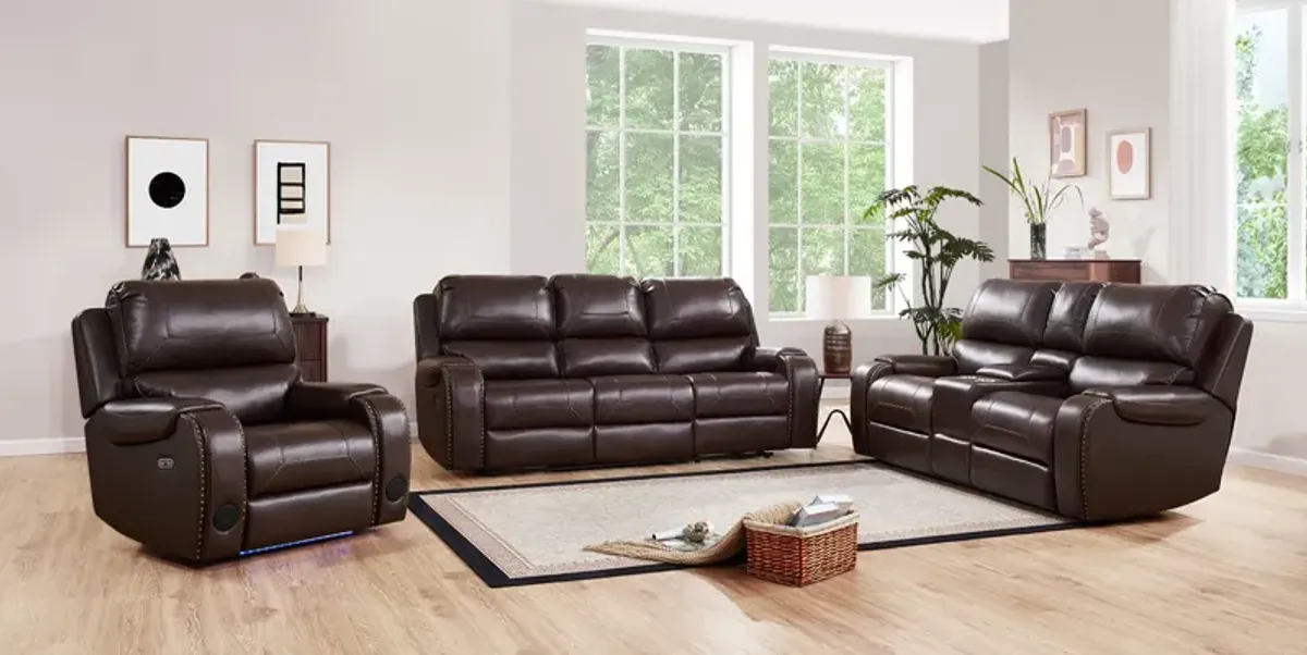Brown Power Reclining 3-Piece Living Room Set with Console & Bluetooth Recliner