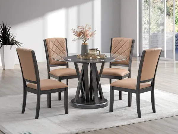 Hillside Black 5-Piece Round Glass Dining Set with Cappuccino Upholstered Chairs
