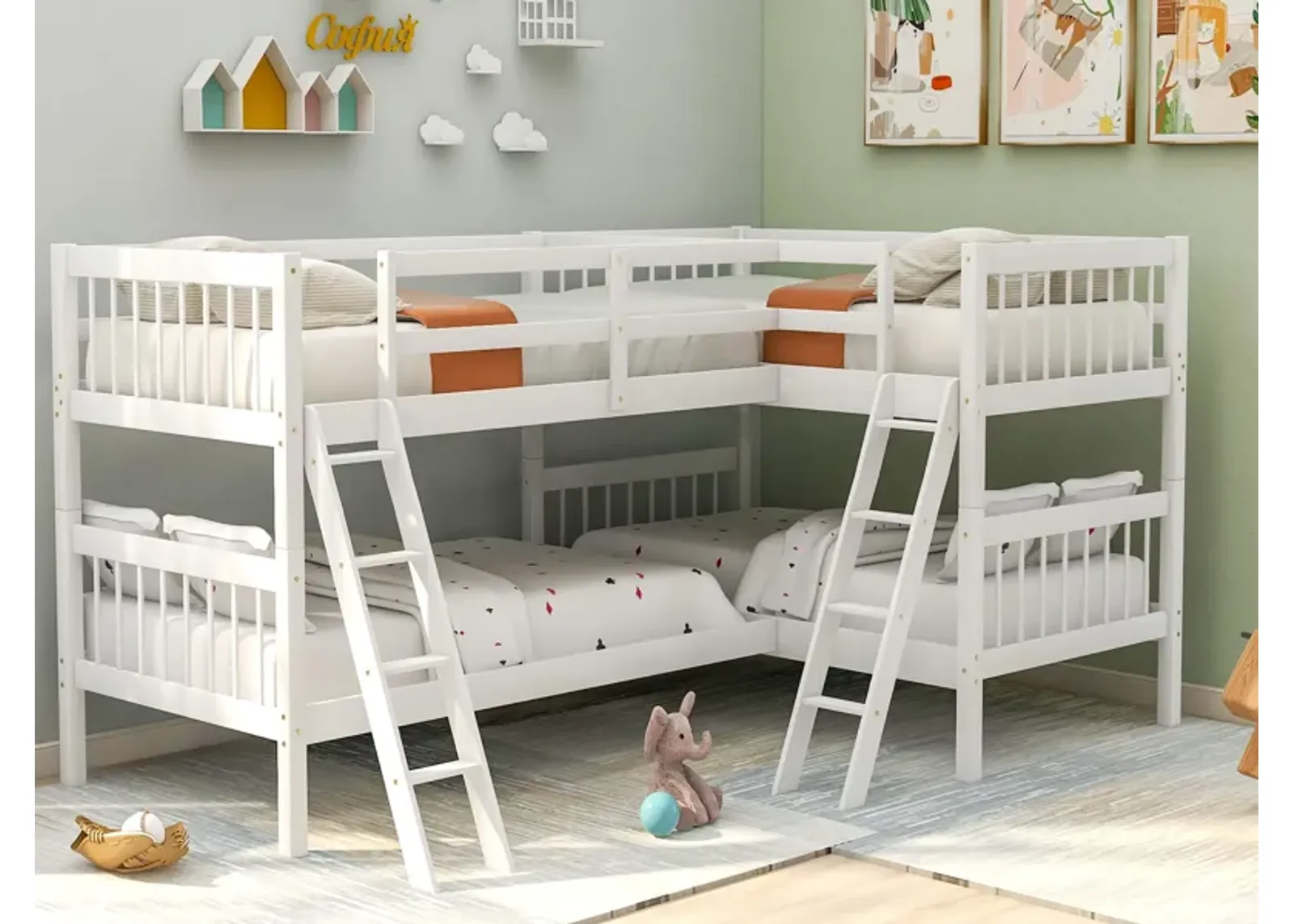 Twin L-Shaped Bunk Bed With Ladder - White