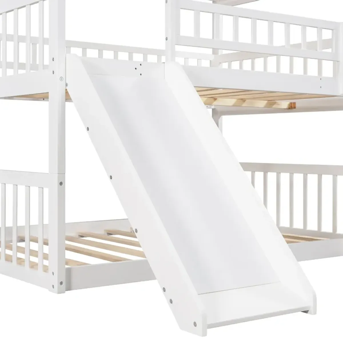 Full Over Full Over Full Triple Bed With Built-In Ladder And Slide, Triple Bunk Bed With Guardrails - White