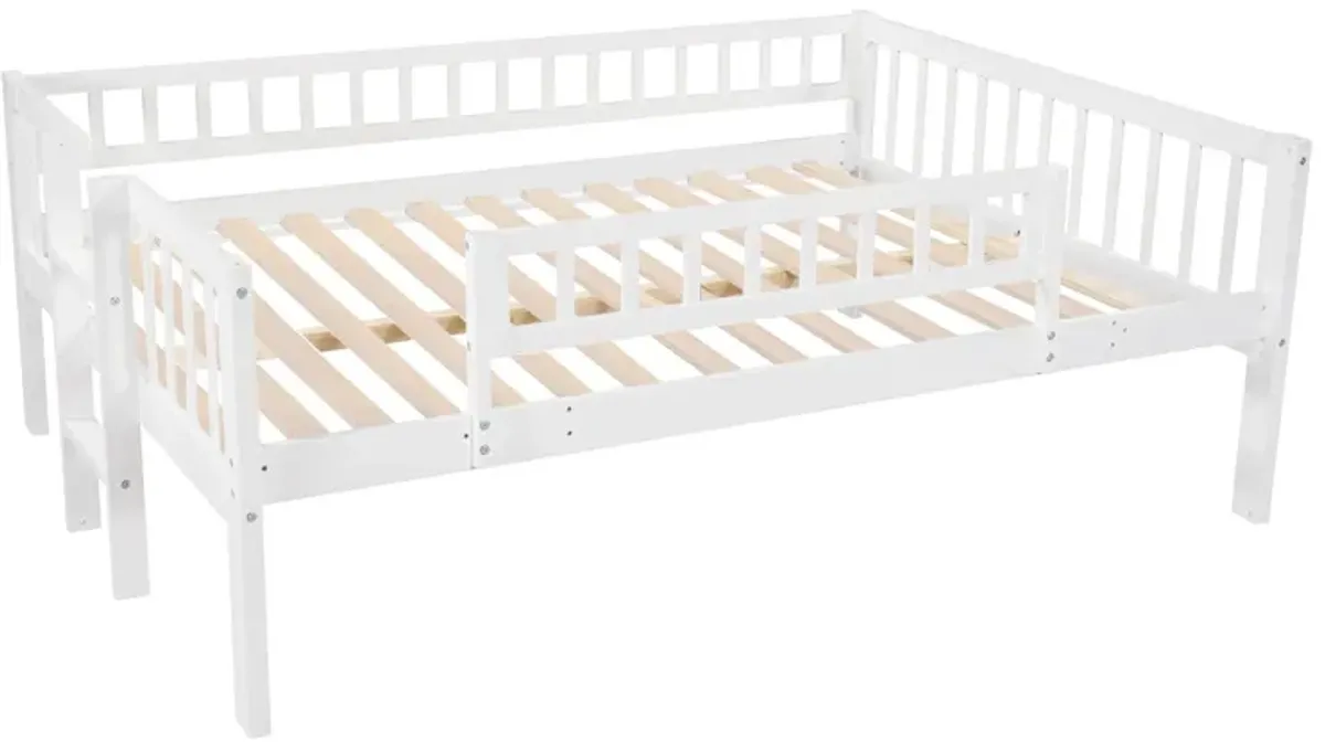 Full Over Full Over Full Triple Bed With Built-In Ladder And Slide, Triple Bunk Bed With Guardrails - White