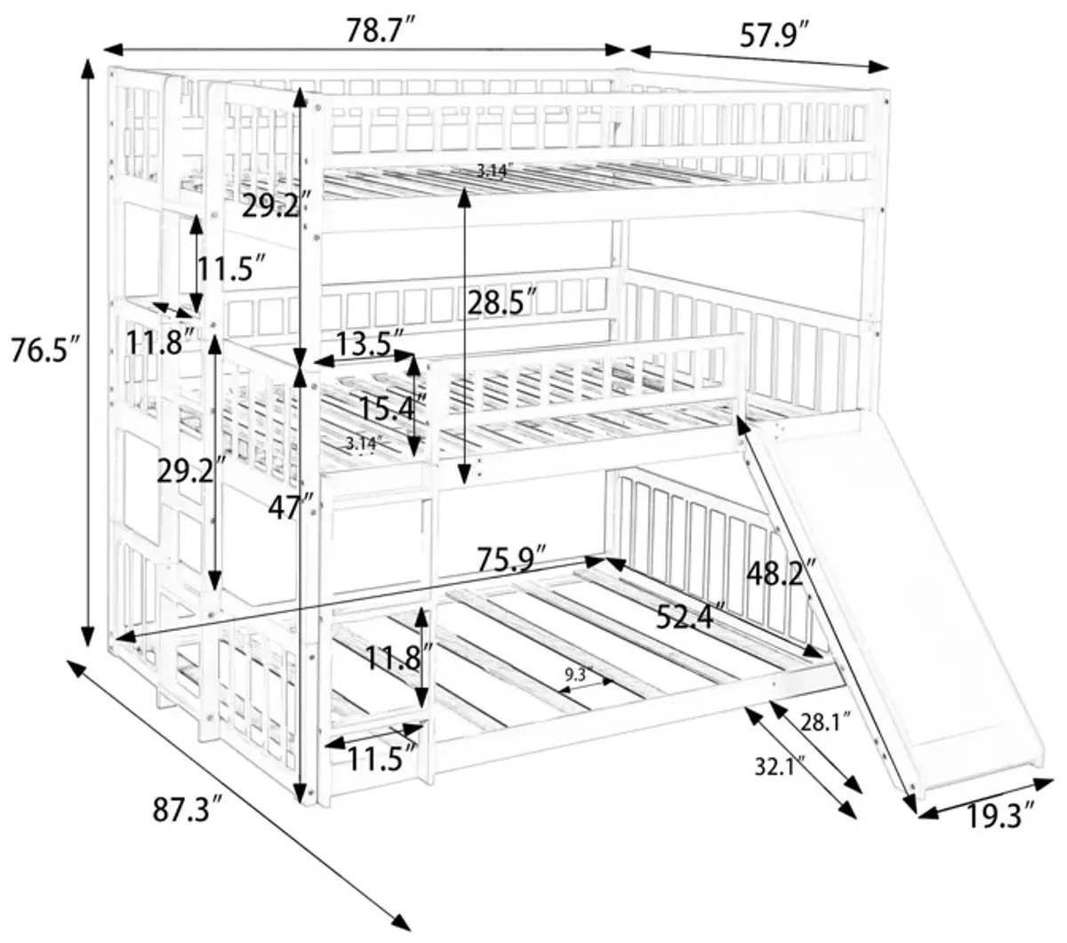 Full Over Full Over Full Triple Bed With Built-In Ladder And Slide, Triple Bunk Bed With Guardrails - White