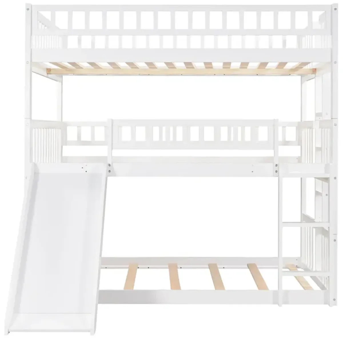 Full Over Full Over Full Triple Bed With Built-In Ladder And Slide, Triple Bunk Bed With Guardrails - White