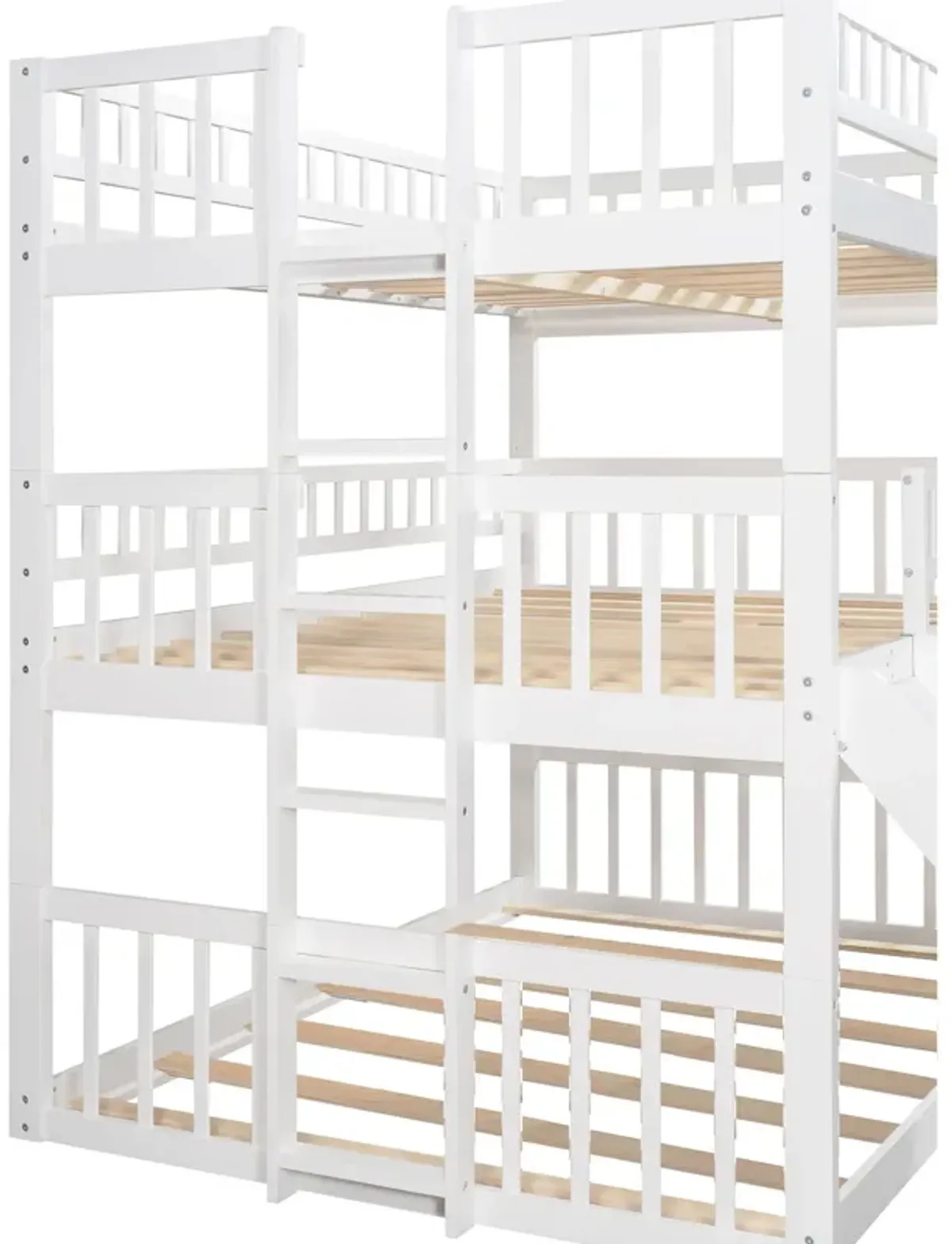 Full Over Full Over Full Triple Bed With Built-In Ladder And Slide, Triple Bunk Bed With Guardrails - White