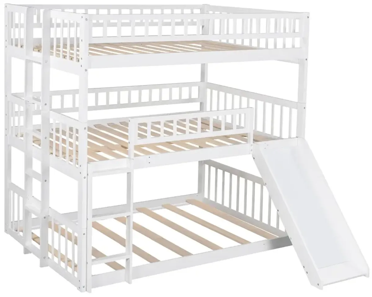 Full Over Full Over Full Triple Bed With Built-In Ladder And Slide, Triple Bunk Bed With Guardrails - White