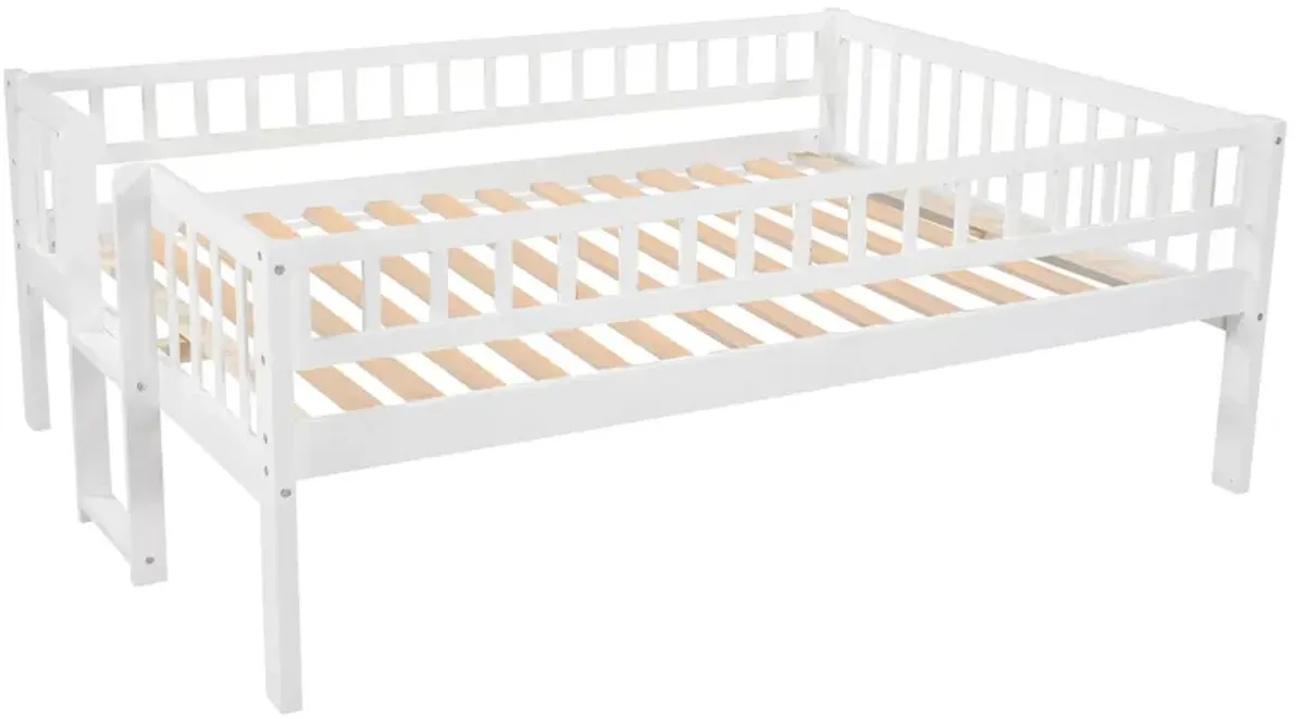 Full Over Full Over Full Triple Bed With Built-In Ladder And Slide, Triple Bunk Bed With Guardrails - White