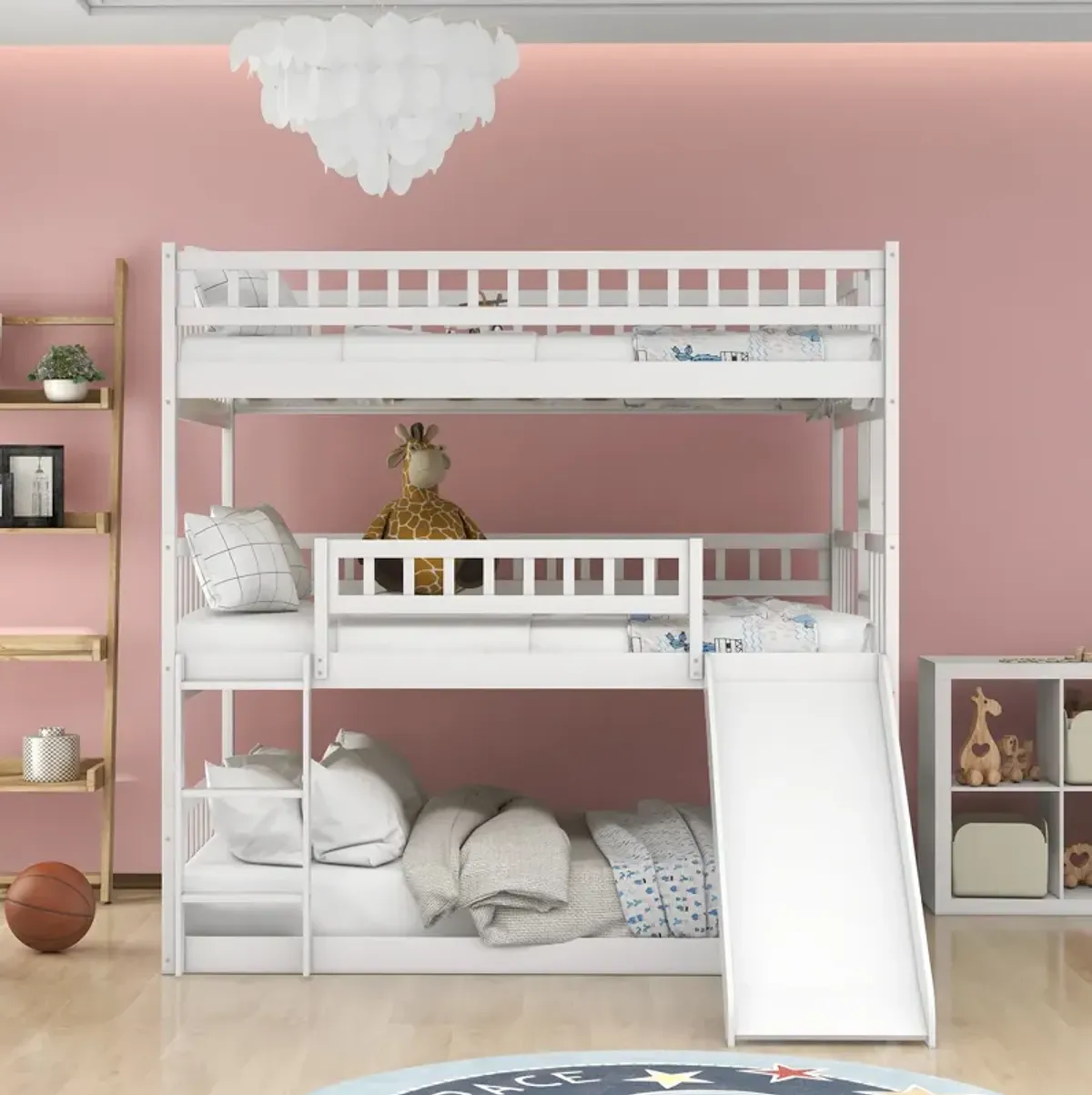 Full Over Full Over Full Triple Bed With Built-In Ladder And Slide, Triple Bunk Bed With Guardrails - White