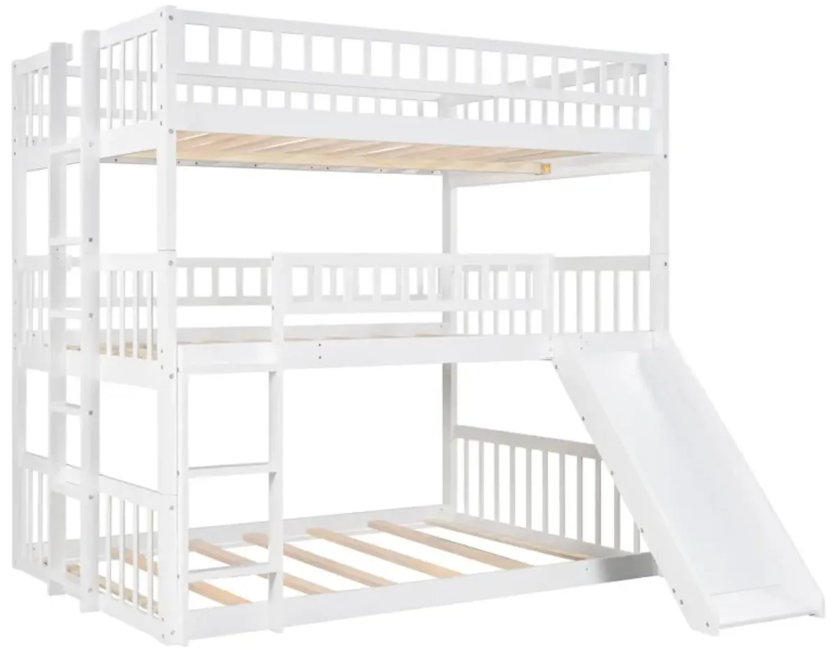 Full Over Full Over Full Triple Bed With Built-In Ladder And Slide, Triple Bunk Bed With Guardrails - White