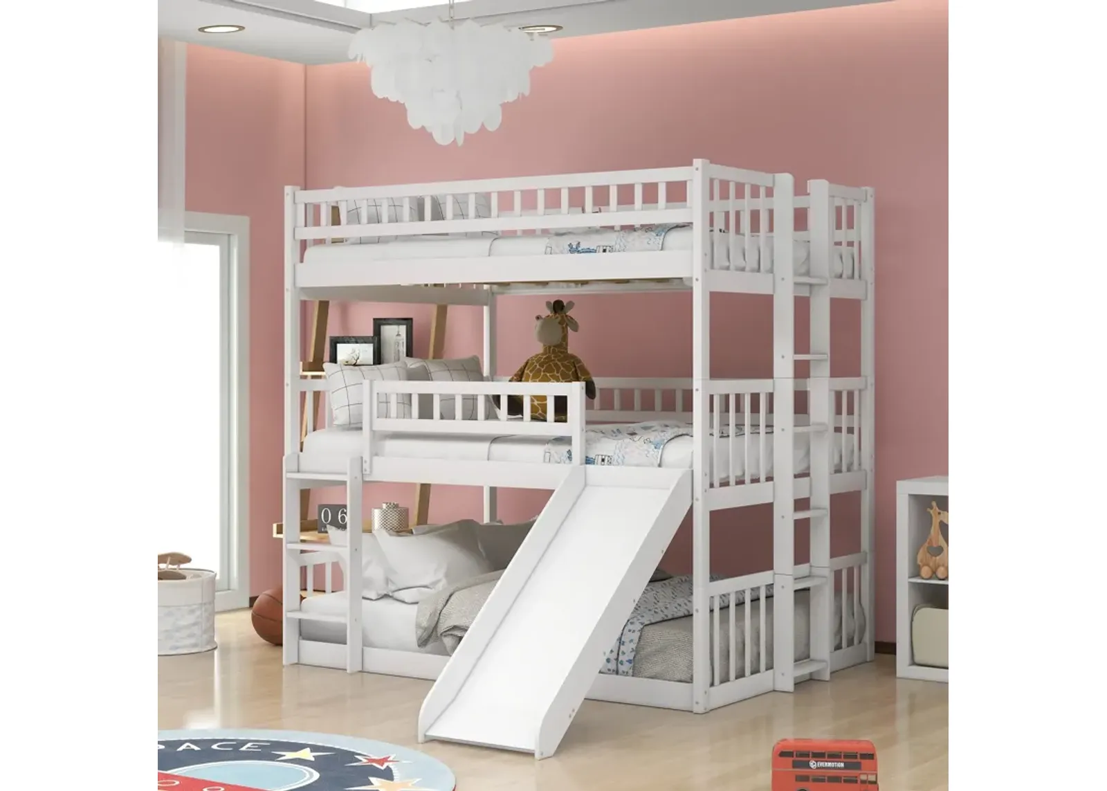 Full Over Full Over Full Triple Bed With Built-In Ladder And Slide, Triple Bunk Bed With Guardrails - White