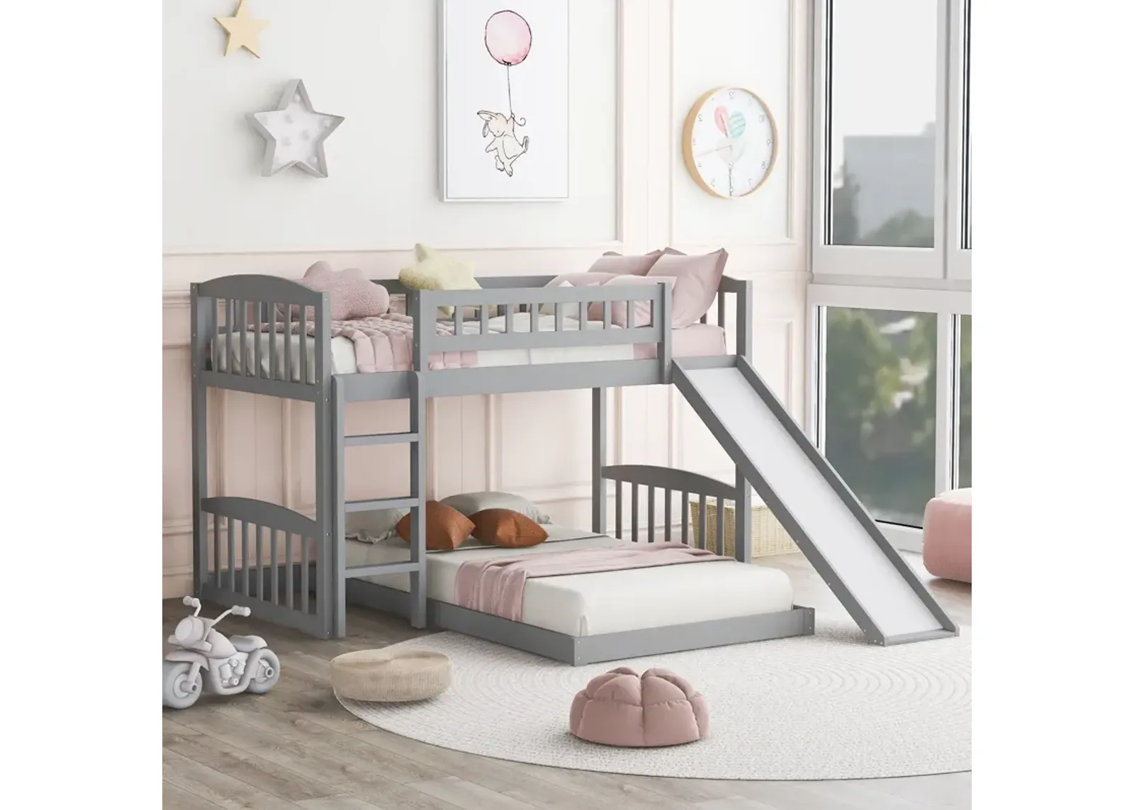 77.4" Twin Over Twin Bunk Bed With Slide And Ladder - Gray