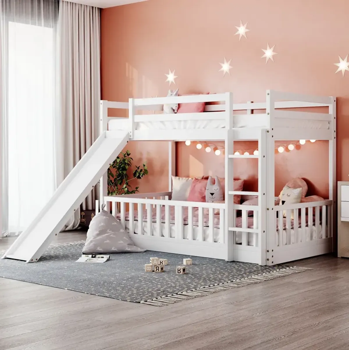 Twin Over Twin Bunk Bed With Slide And Ladder - White