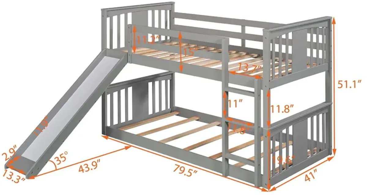 Twin Over Twin Bunk Bed With Slide And Ladder - Gray