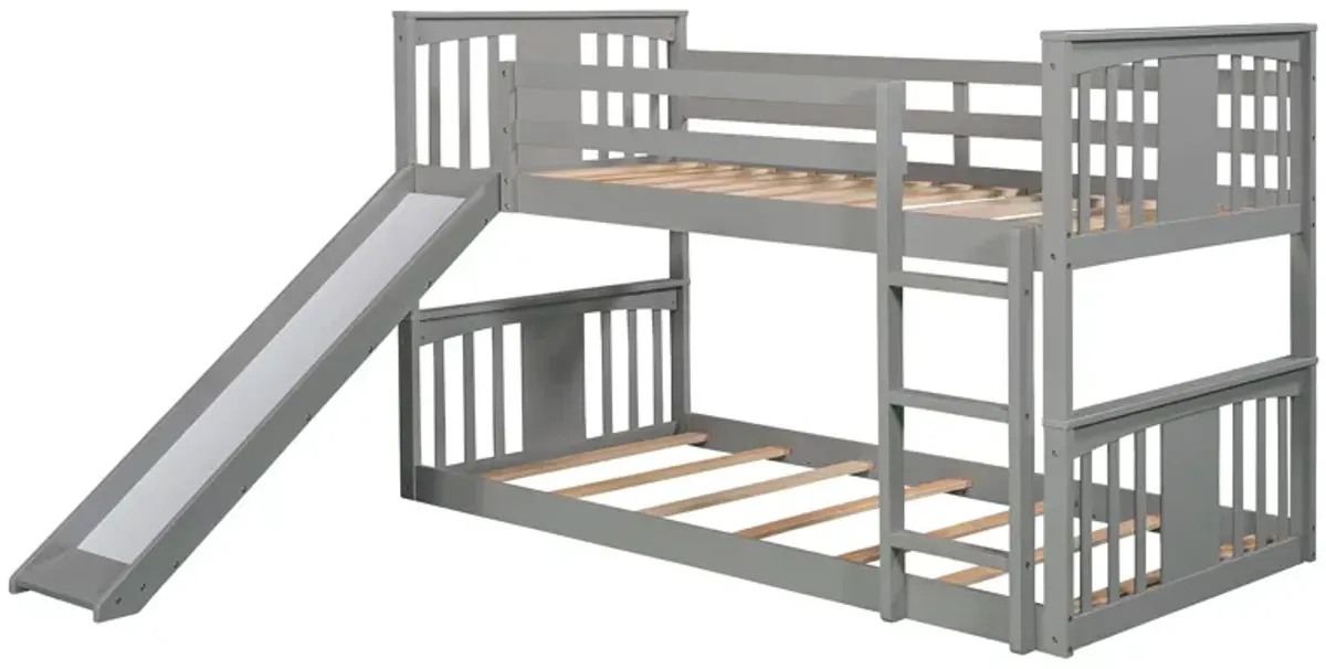 Twin Over Twin Bunk Bed With Slide And Ladder - Gray